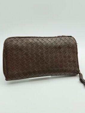 Bottega Veneta Intrecciato Dark Brown Woven Leather Zip Wallet